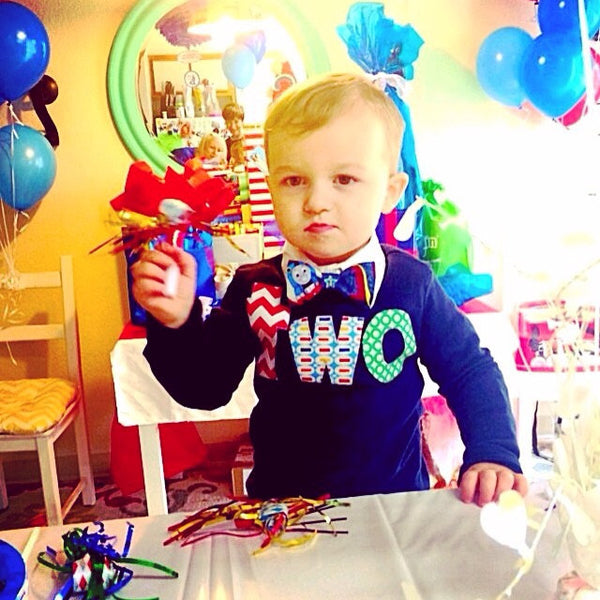 FAN PHOTO lowercase two Long Sleeve Birthday Shirt  in navy with red chevron, blue pez, green circles for 2 year old
