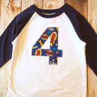 Superhero birthday shirt Navy and White Baseball Raglan royal Pow Bam superhero cape Birthday Shirt- 1st, 2nd, 3rd 4th 5th 6th Any Birthday