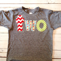 Birthday Shirt for 2 year old 2nd Birthday shirt lowercase two with red chevron, pez and green circles primary colors red green blue yellow