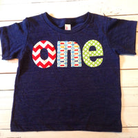 Ready to ship size 12/18 months triblend indigo one lowercase with chevron, pez and green circles for boys 1st Birthday Shirt