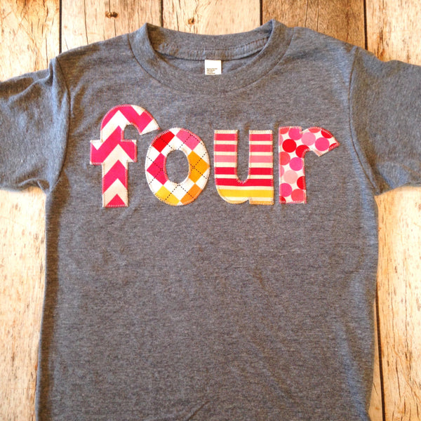 four lowercase fuchsia, red, orange yellow hot pink girls mix  Triblend Grey Hip Birthday Shirt 4 year old 4th fourth ideas cake party