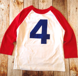 Red and White Raglan Birthday Shirt 80s Retro Baseball Shirt boys 4th birthday four year old number 4 age in navy blue
