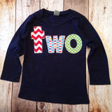 red aqua green birthday shirt Navy long sleeve FAN PHOTO lowercase two with red chevron, blue pez, green circles for 2 year old boys 2