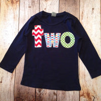 FAN PHOTO lowercase two Long Sleeve Birthday Shirt  in navy with red chevron, blue pez, green circles for 2 year old