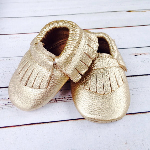 Gold Fringe Girls infant one 1st Birthday photography invitation ideas infant Moccasin crib shoes for baby
