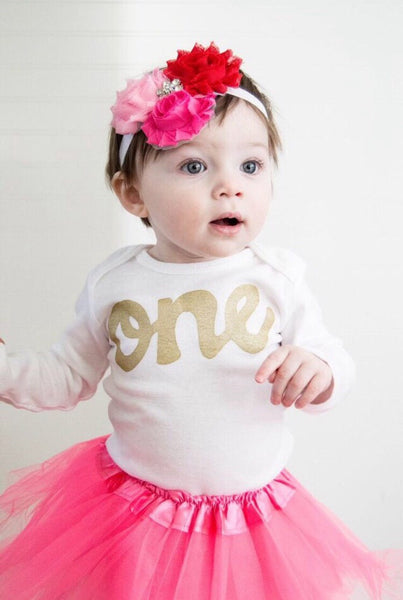 4 piece set girls 1st birthday outfit Watermelon pink and gold