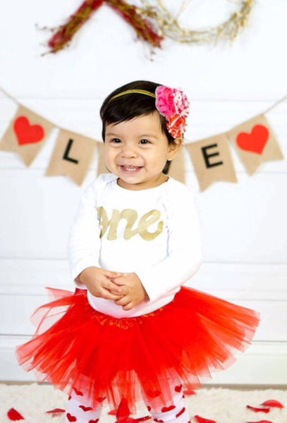 Gold Headband heart flowers Love  red tutu Leg Warmers, long sleeve gold glitter one onesie- red headband- girls 1st Birthday outfit- girls first birthday