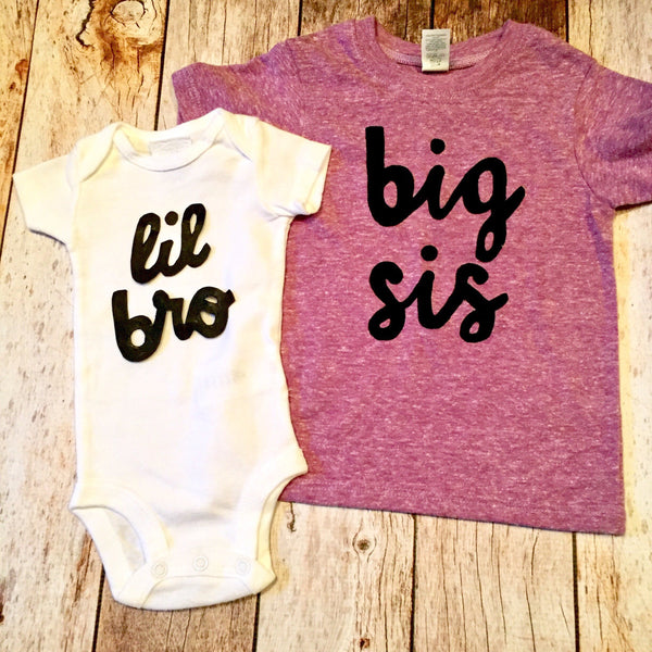 Big Sis lil bro set, newborn photography, big bro or big sis sibling shirts for birth announcement hospital outfit with newborn Colors- red, blue, grey, mint, purple- boys girl kids shirt