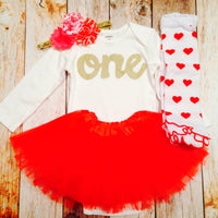 Gold Headband heart flowers Love  red tutu Leg Warmers, long sleeve gold glitter one onesie- red headband- girls 1st Birthday outfit- girls first birthday